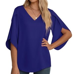 Navy V-Neck Blouse by Asklazy